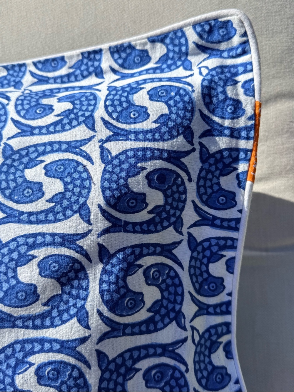 Oliphant Block printed cotton Fish Pattern Pillow Cover 20” NWT